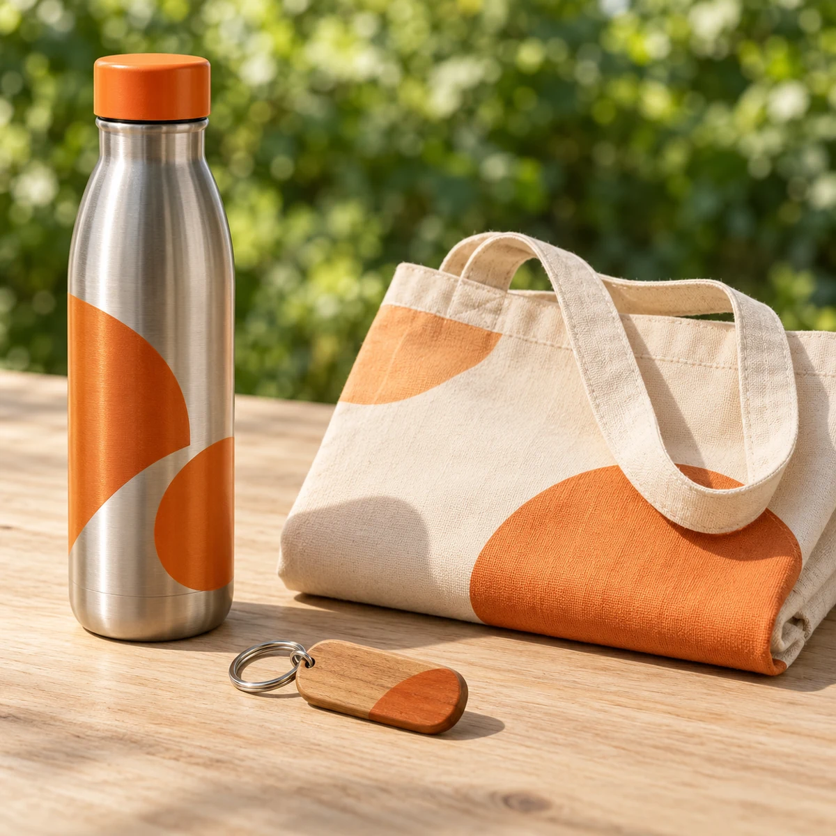 Tote bag, gourde et carnet dans une ambiance naturelle