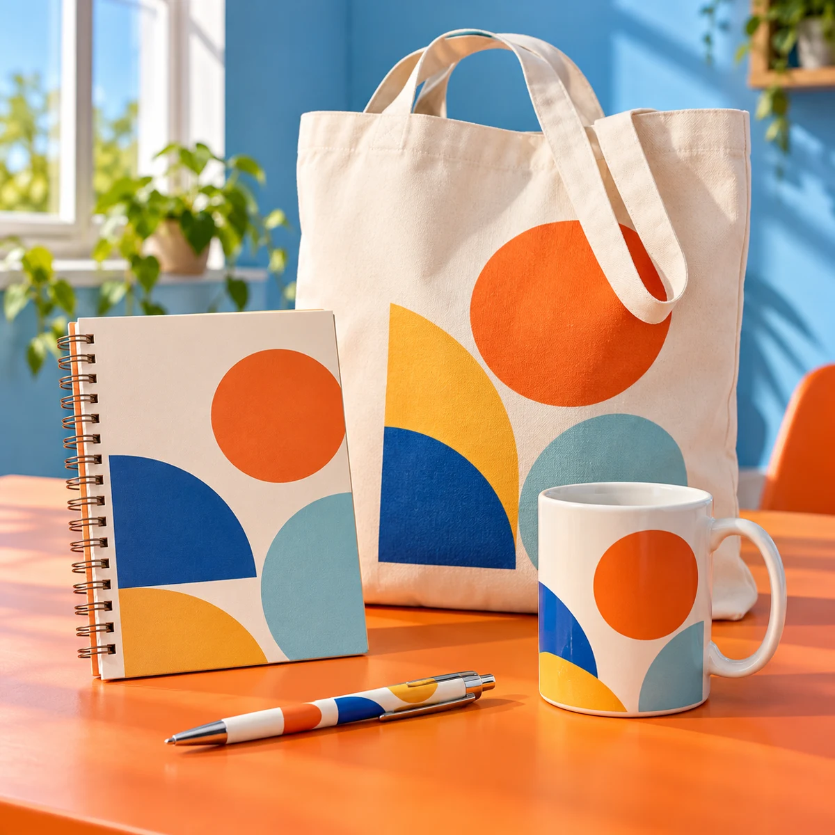 Kit rentrée étudiante : carnet a5, stylo bille, tote bag coton, mug céramique — illustration de composition
