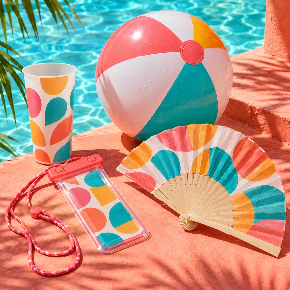 Kit pool party personnalisé : gobelet réutilisable, ballon gonflable, pochette téléphone, éventail — illustration de composition