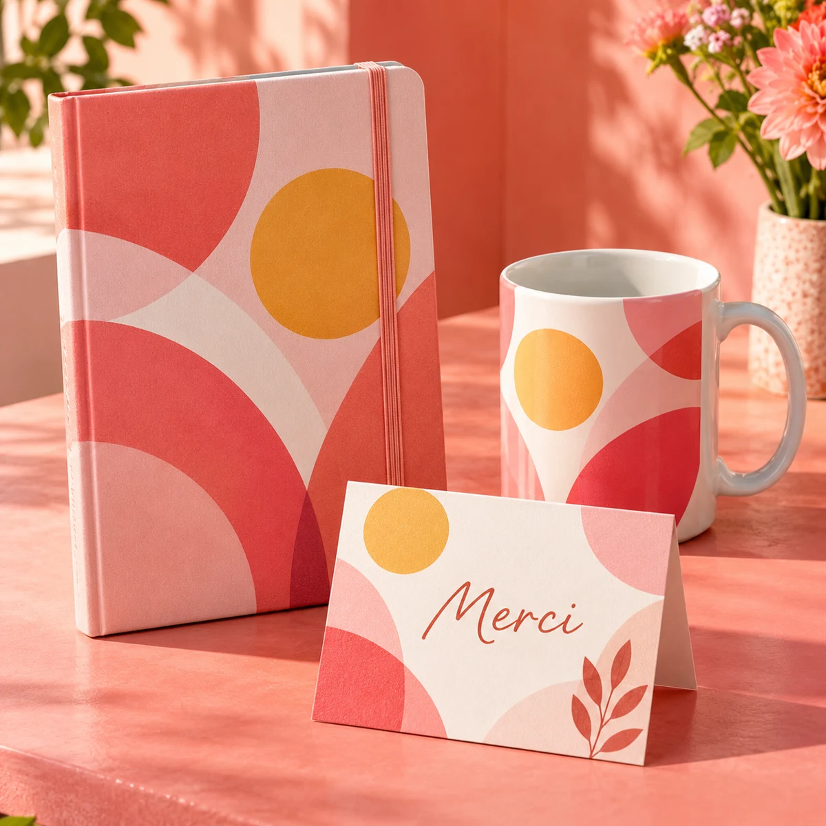 Kit de remerciement entreprise : mug céramique, carnet a5, carte de remerciement — illustration de composition